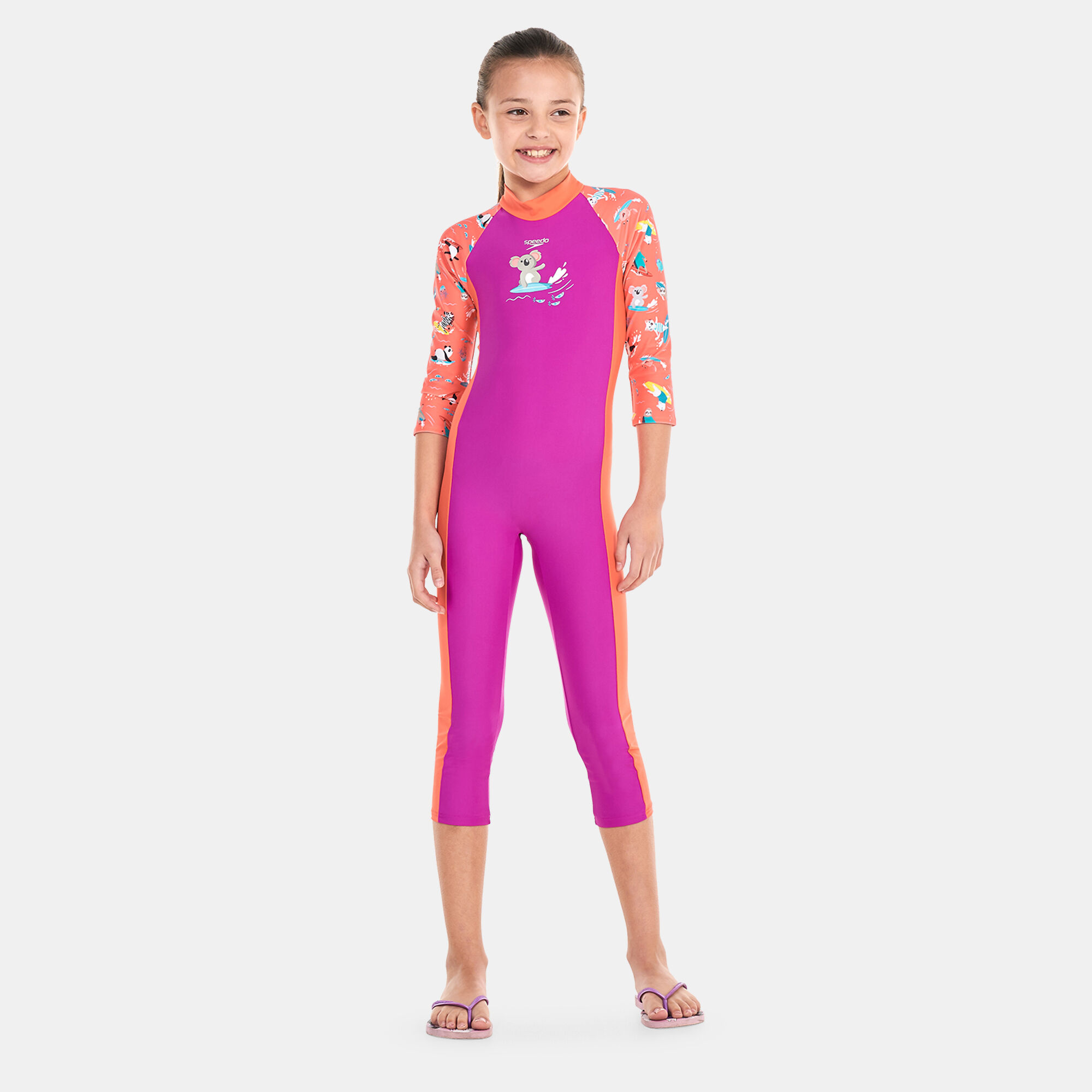 Kids All In One Printed Full Length One Piece Swimsuit Pink Speedo in Kuwait SSS